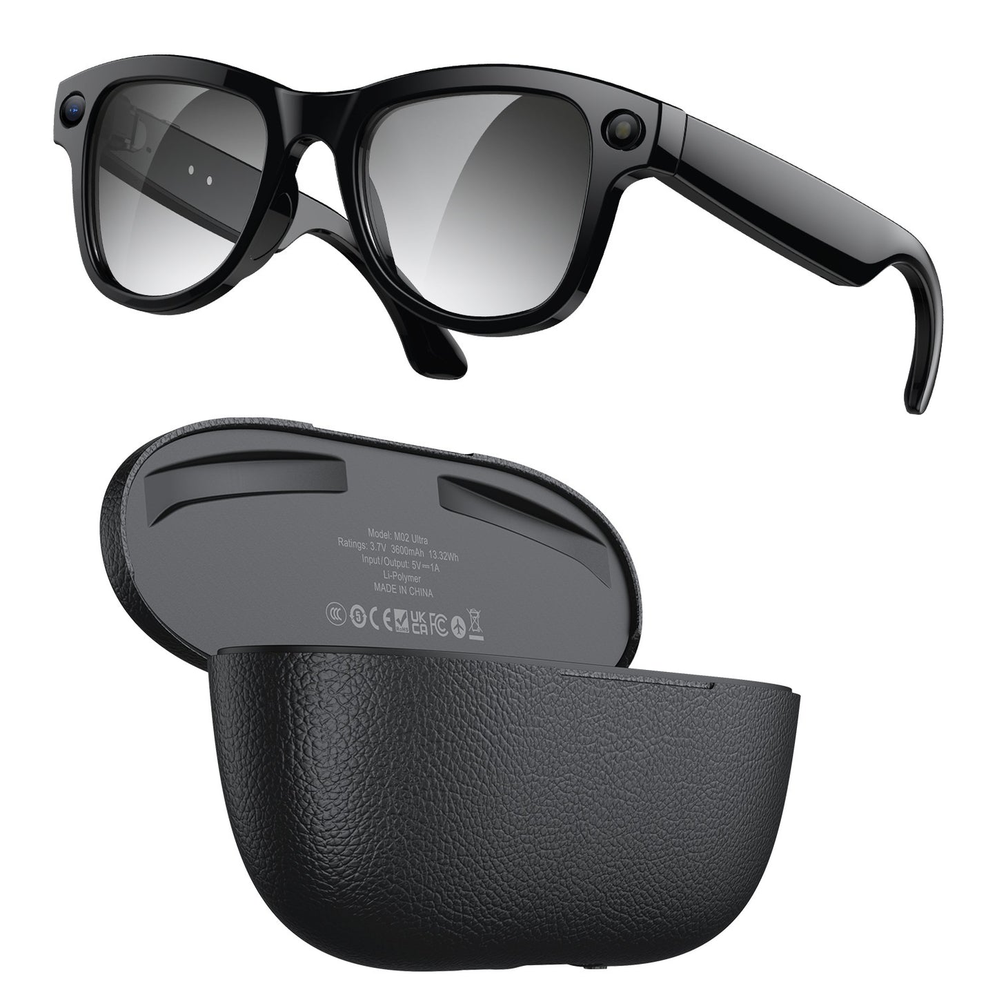 Black frames AI Smart Glasses with Ultra HD 8MP Camera and Interchangeable Photochromic Lens with its Black Magnetic Charging Case