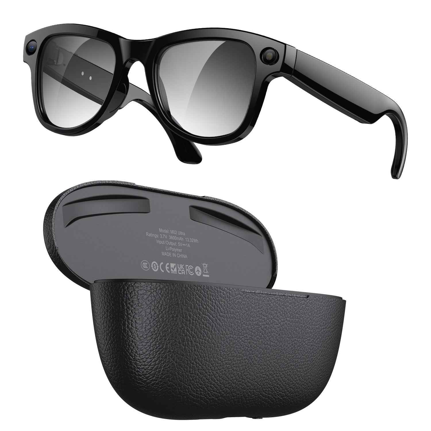 Black frames AI Smart Glasses with Ultra HD 8MP Camera and Interchangeable Photochromic Lens with its Black Magnetic Charging Case