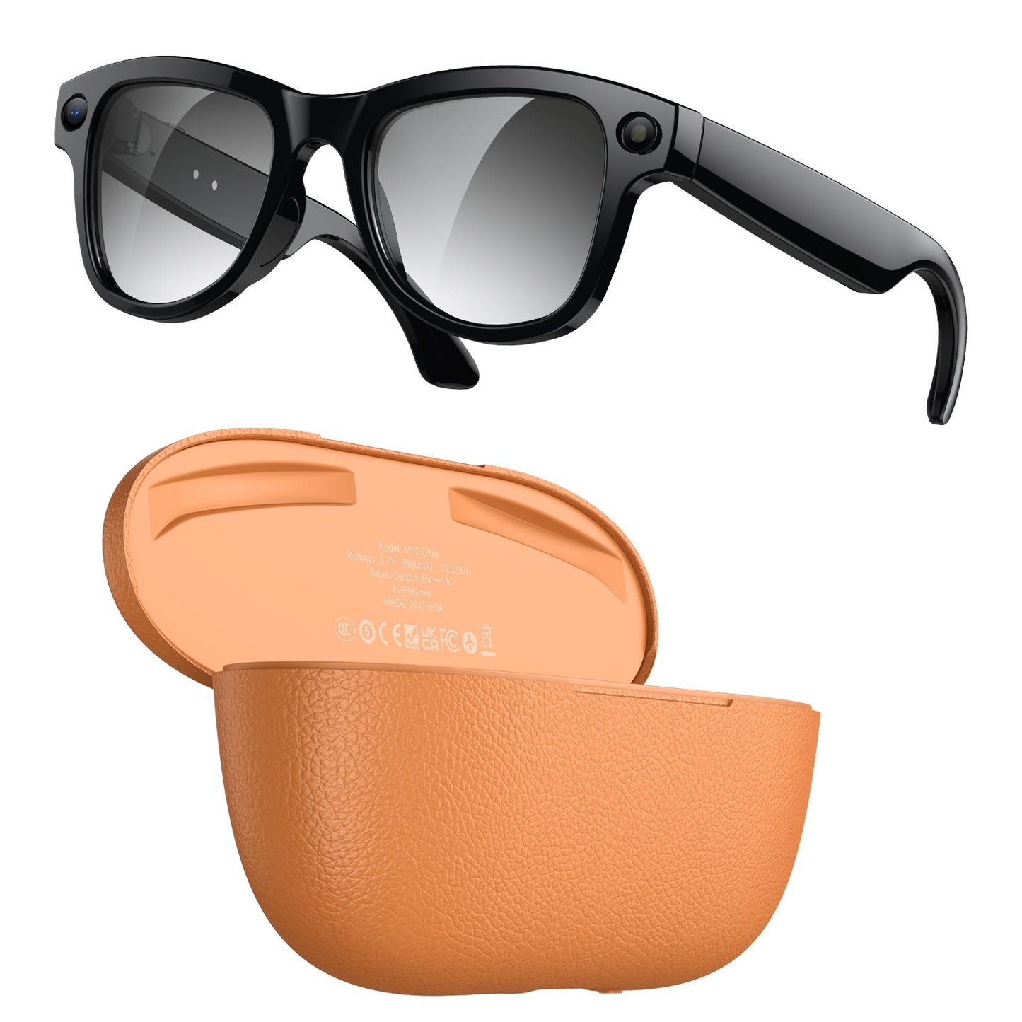 Black frames AI Smart Glasses with Ultra HD 8MP Camera and Interchangeable Photochromic Lens with its Brown Magnetic Charging Case