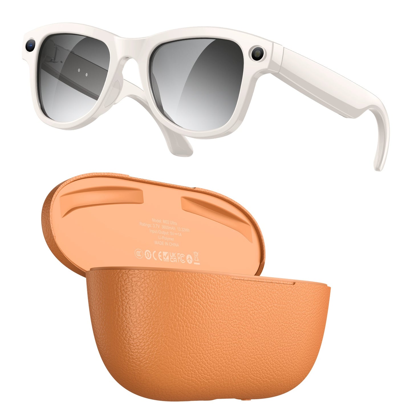 Beige frames AI Smart Glasses with Ultra HD 8MP Camera and Interchangeable Photochromic Lens with its Brown Magnetic Charging Case