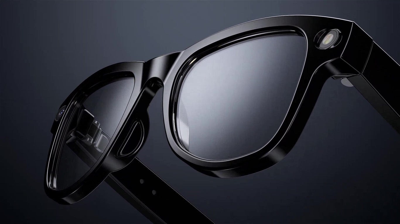 Front bottom left close up of AI Smart Glasses showing the capturing Privacy LED Indicator and Interchangeable Photochromic Lens