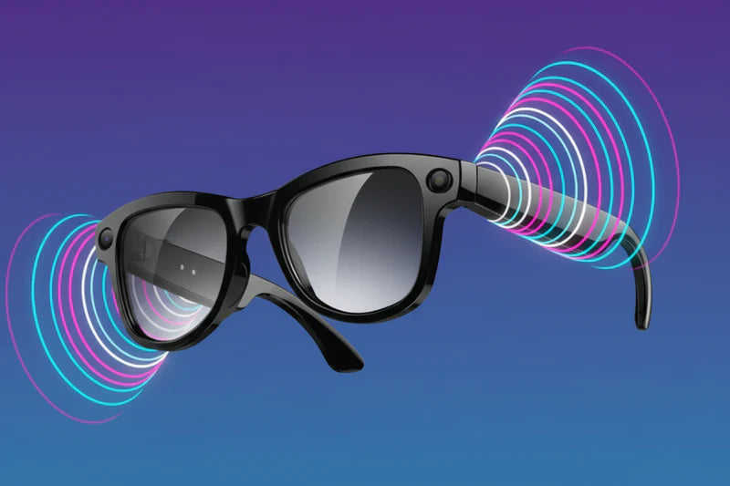 AI Smart Glasses with colorful sound wave illustrations highlighting the open-ear audio speakers built in the temples