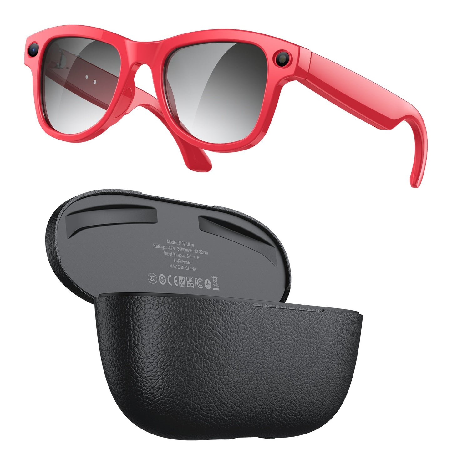 Red frames AI Smart Glasses with Ultra HD 8MP Camera and Interchangeable Photochromic Lens with its Black Magnetic Charging Case