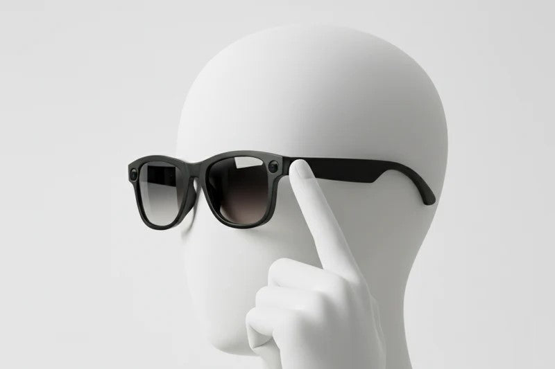 A mannequin demonstrating the touchpad interface on AI Smart Glasses; part of a triple control system including HeyCyan voice commands and physical capture buttons