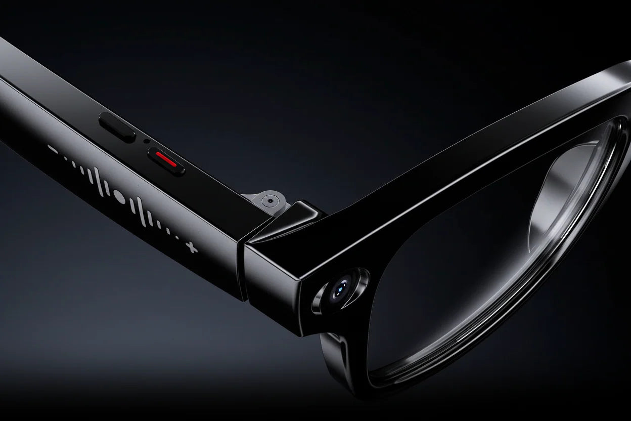 Front upper left close up of AI Smart Glasses showing Ultra HD 8MP Camera, photo and video capture Buttons and the Sensitive Volume Control Touchpad