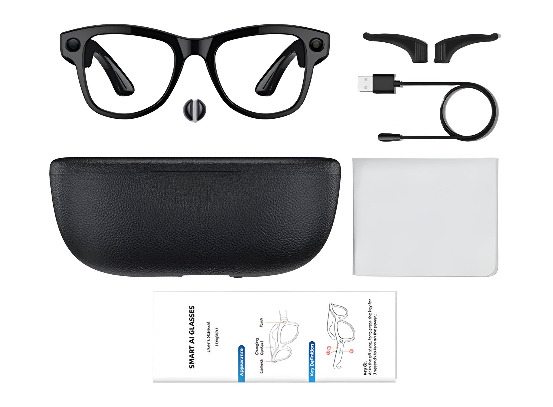 A complete set of the AI Smart Glasses package including the Charging Case, Ear Grips, Nose Pads, Cleaning Cloth and User Manual.