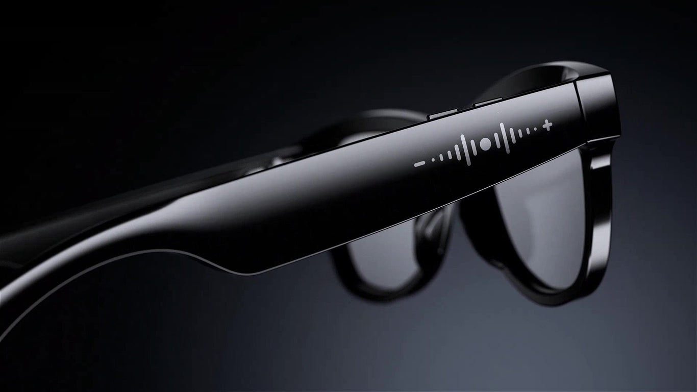 Right side close up of AI Smart Glasses showing the design of the temple and the sensitive volume control touchpad